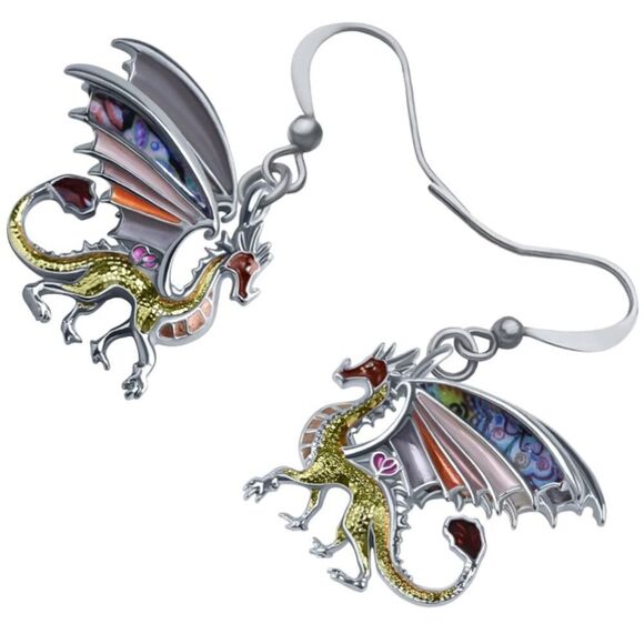 Silver and Multicolor Enamel Mythical Dragon Dangling French Wire Hook Earrings - Picture 3 of 5